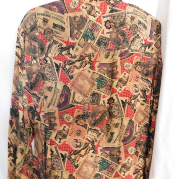 VINTAGE LINDA ALLARD ELLEN TRACY SILK BLOUSE MONETARY PRINT SIZE 2 PLUS SIZE - Picture 5 of 7